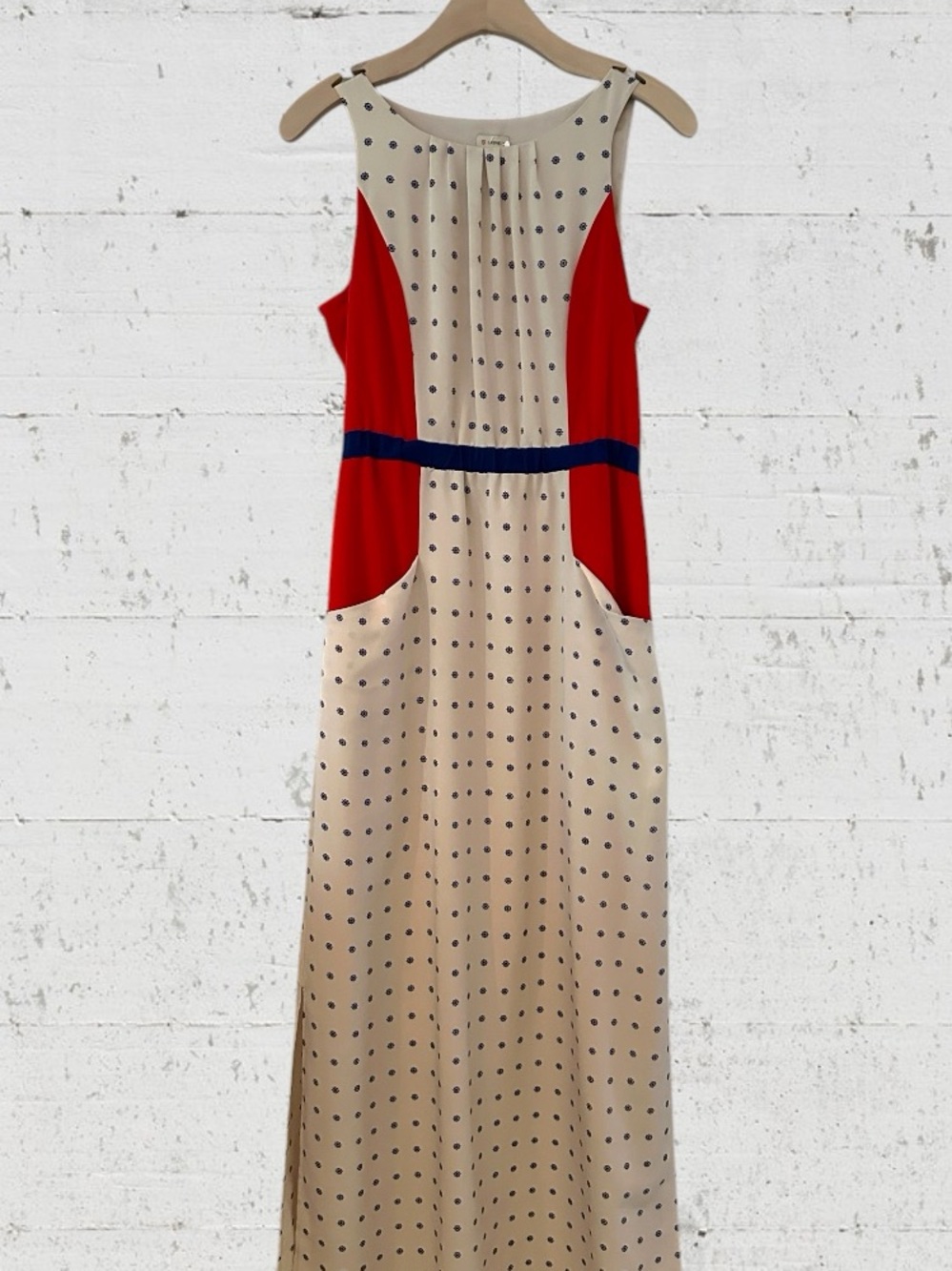 Daniel Cremieux Beige Polka Dot Maxi Dress with Red Accents and Navy Waistband